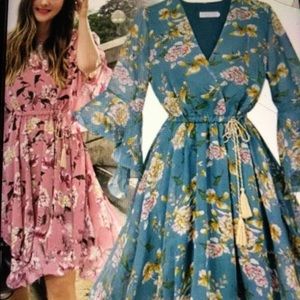 Peacock floral empire waist ruffled Boho dress